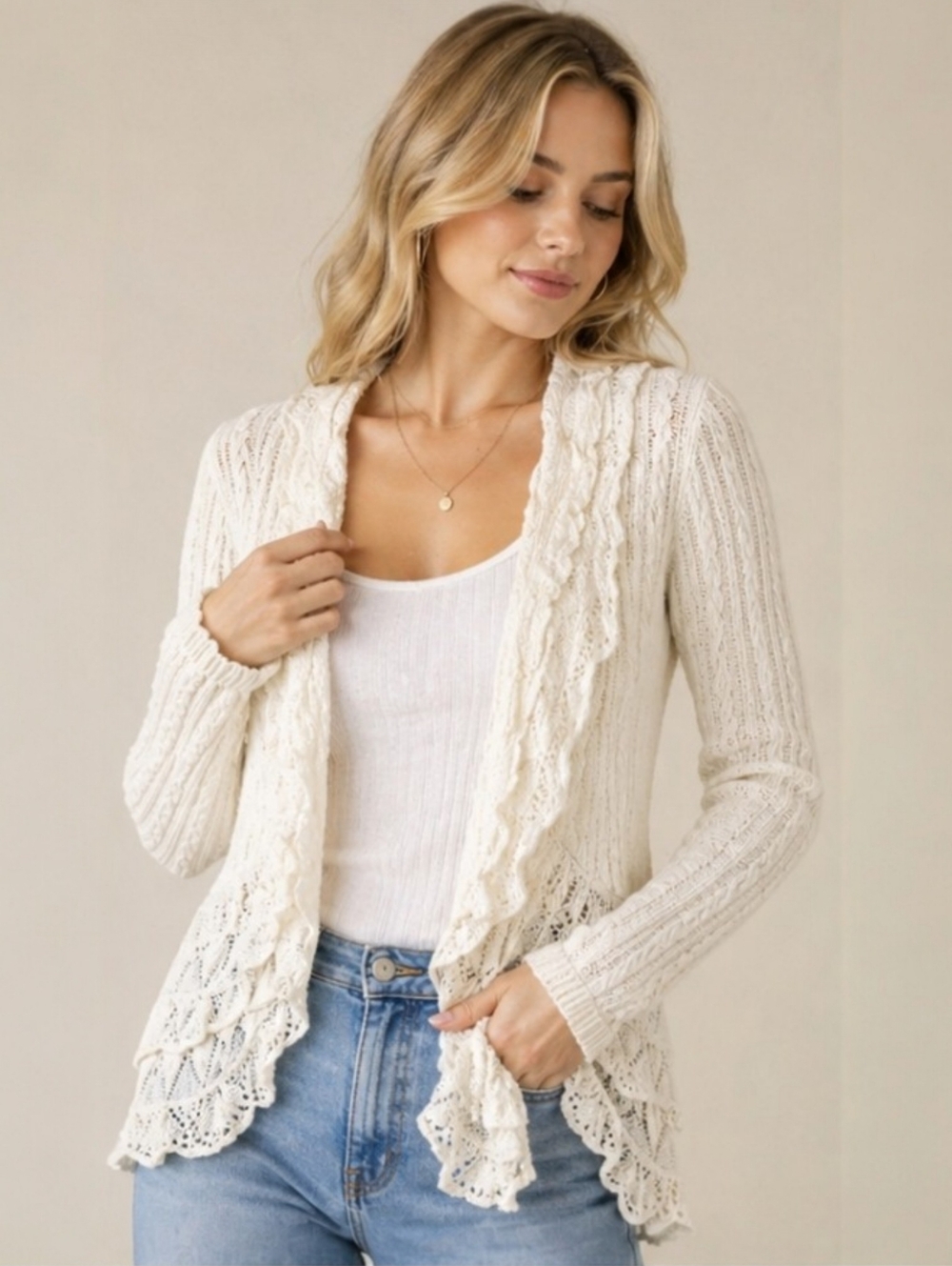 Ralph Lauren Cable Knit Cardigan Cream Ruffle Trim Open Front Cotton Women’s S